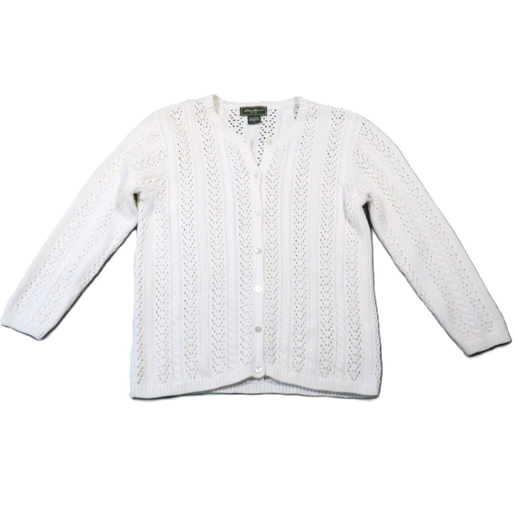 Eddie Bauer Cardigan M White 100% Cotton Pointelle Cable Knit Preppy Coastal